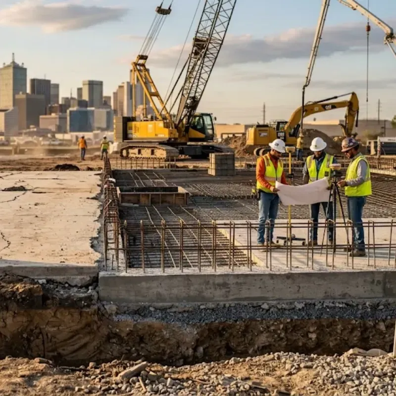 Concrete slab construction in Dallas, Texas showing proper slab thickness for residential and commercial concrete work based on soil and load requirements