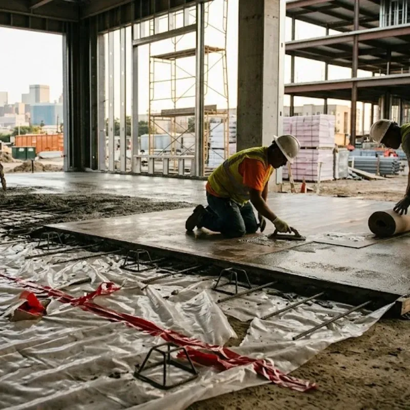 Dallas commercial concrete slab with damaged vapor barrier showing moisture intrusion issues during construction