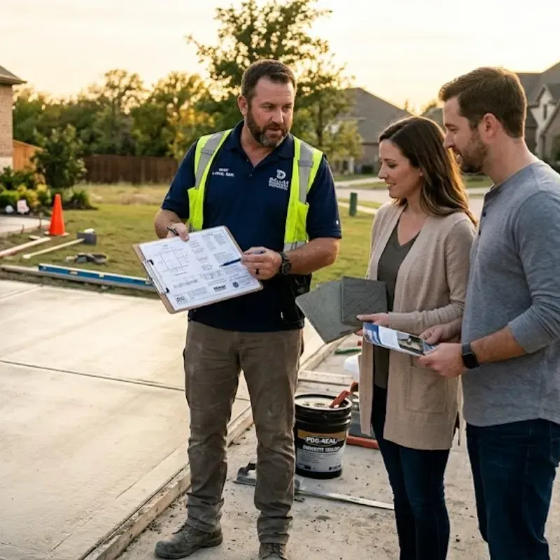 Dallas concrete contractor explaining PSI and sealing options to homeowner before driveway installation