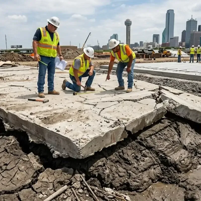 Dallas expansive clay soil causing stress cracks in concrete slab due to soil movement and poor subgrade preparation