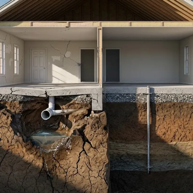 Dallas foundation repair vs replacement decision – identifying structural damage from expansive clay soil, drainage issues, and plumbing voids in Dallas homes, showing cracked slab and compromised support system requiring proper structural evaluation for long-term stability