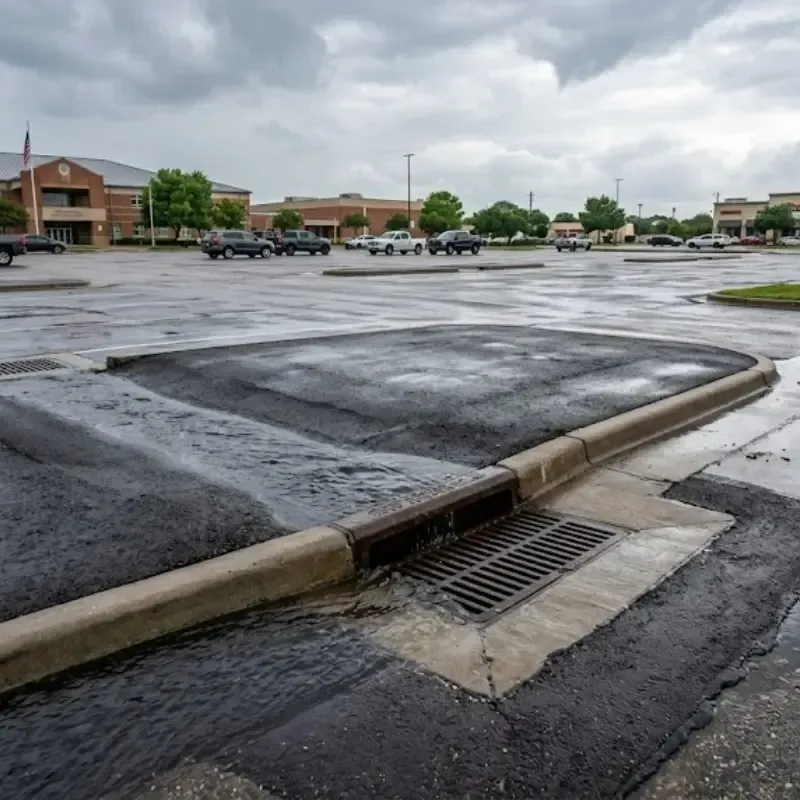 Drainage-engineered commercial parking lot in Dallas showing proper grading, curb inlets, and stormwater flow design preventing standing water and surface damage on ISD properties