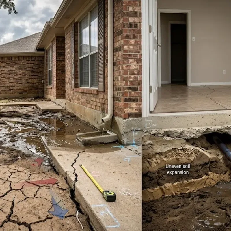 Perimeter foundation crack near gutter discharge in Dallas clay soil showing potential edge lift, washout, or footing support loss caused by improper drainage and soil expansion cycles