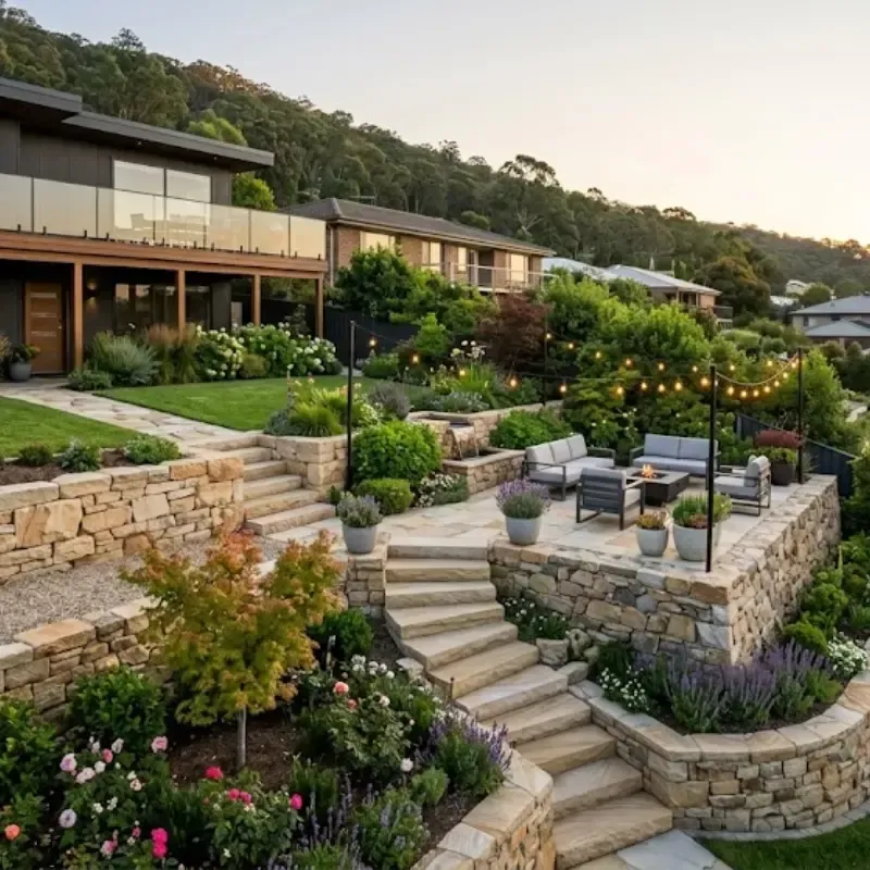 Retaining walls built by Dallas Concrete Contractor transforming a sloped yard into a level, usable outdoor living space with patios and garden areas