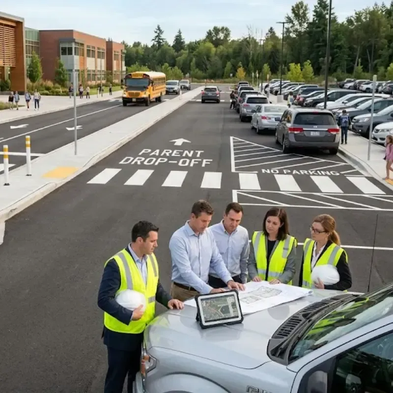 Safe ISD school parking lot design showing engineered concrete pavement, optimized traffic flow, and visibility planning for high-traffic school zones with durable construction and climate-aware materials.