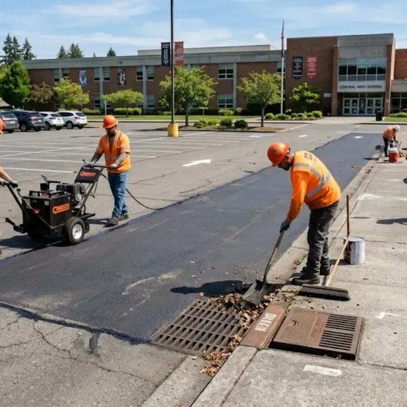 School district parking lot maintenance showing crack sealing and debris removal for long-term concrete durability