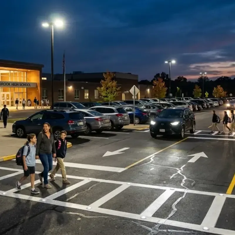 Well-lit school parking lot at dusk with strategically placed lighting reducing shadows, improving visibility for pedestrian crossings, fire lanes, and student safety zones.