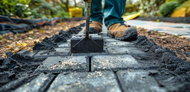 construction worker laying pavers stone base daytime