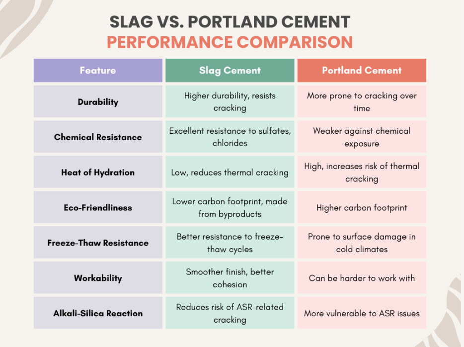 Slag vs. Portland Cement Performance Comparison infographic