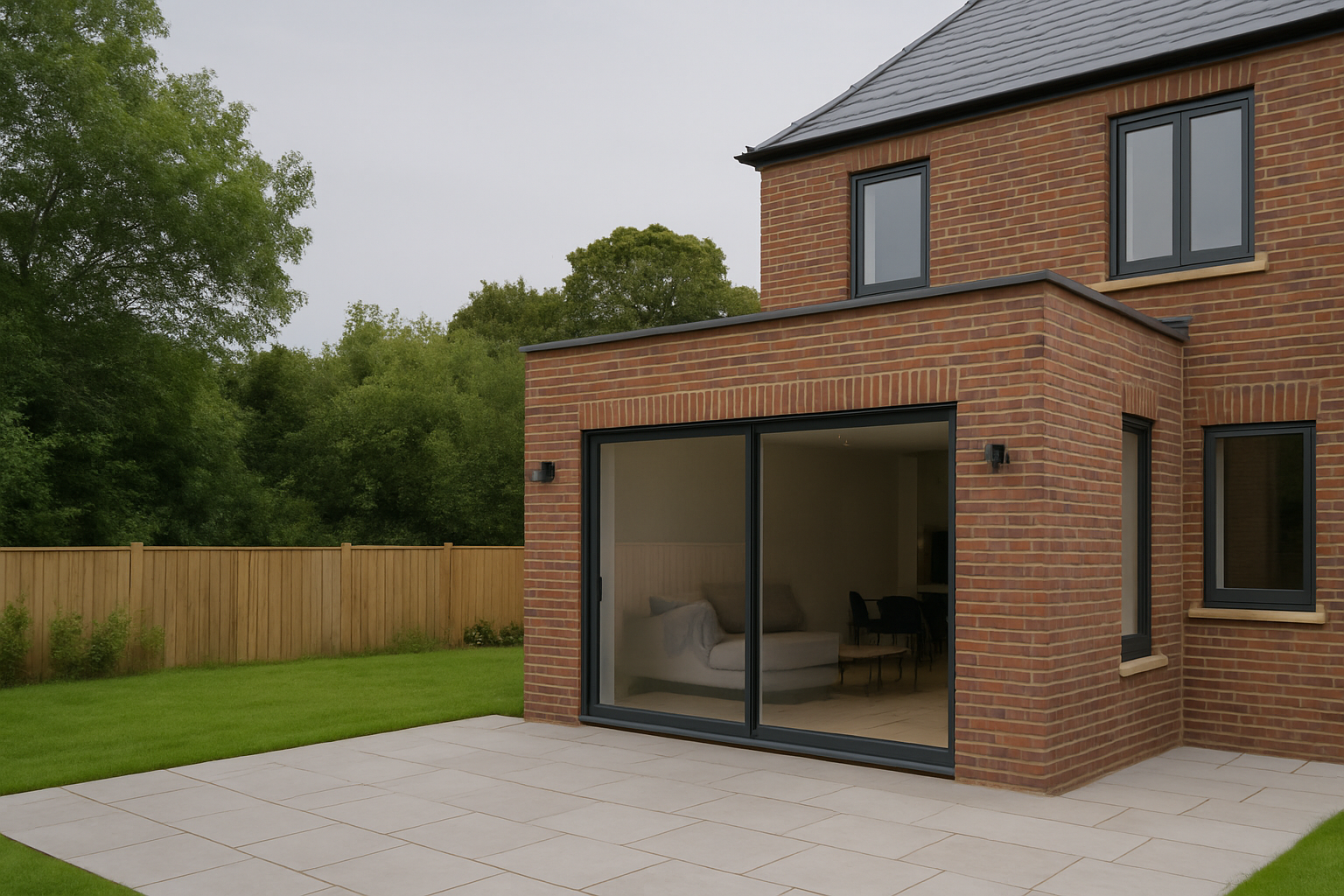 A large brick house with a patio in front of it