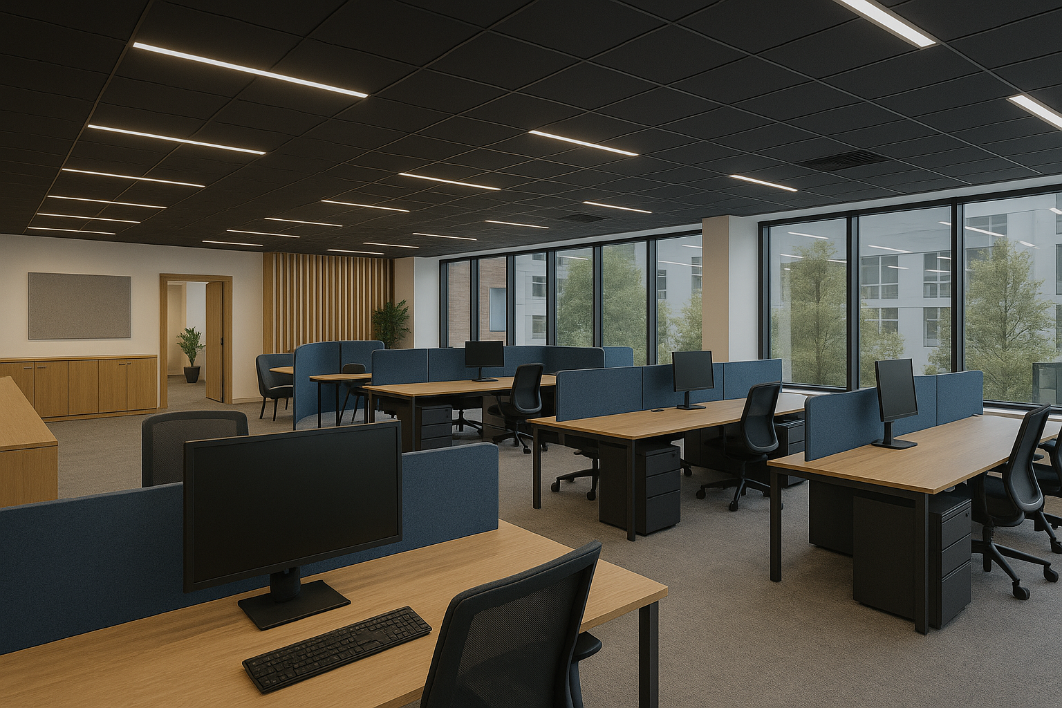 An artist 's impression of an office with lots of desks and chairs.