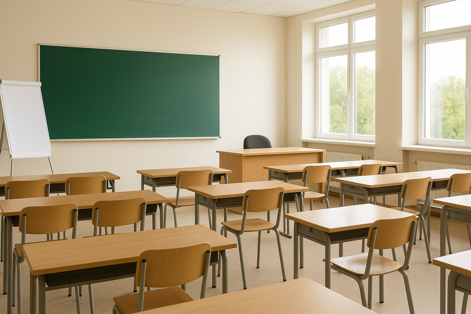 An empty classroom with wooden desks and chairs and a green board.