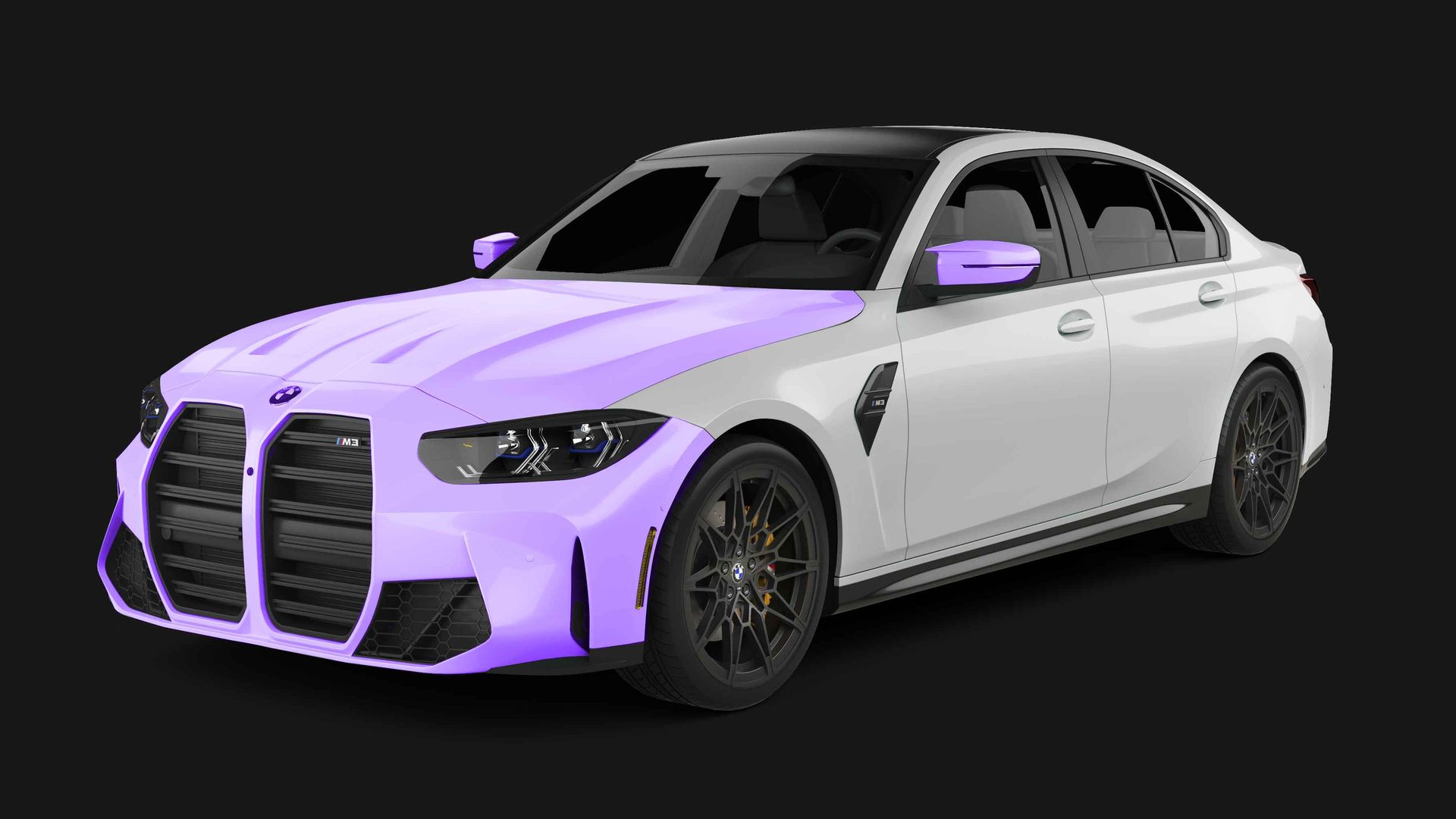 A white and yellow sports car on a black background.