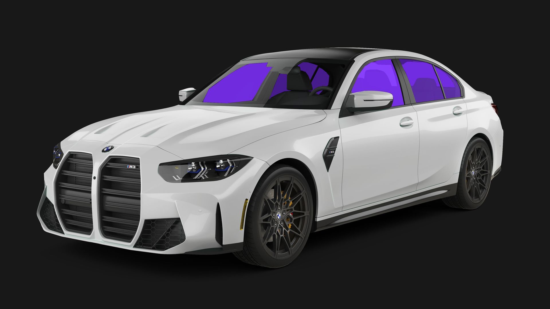 A white BMW M3 sedan with black wheels and a black roof, shown at an angle against a black background.