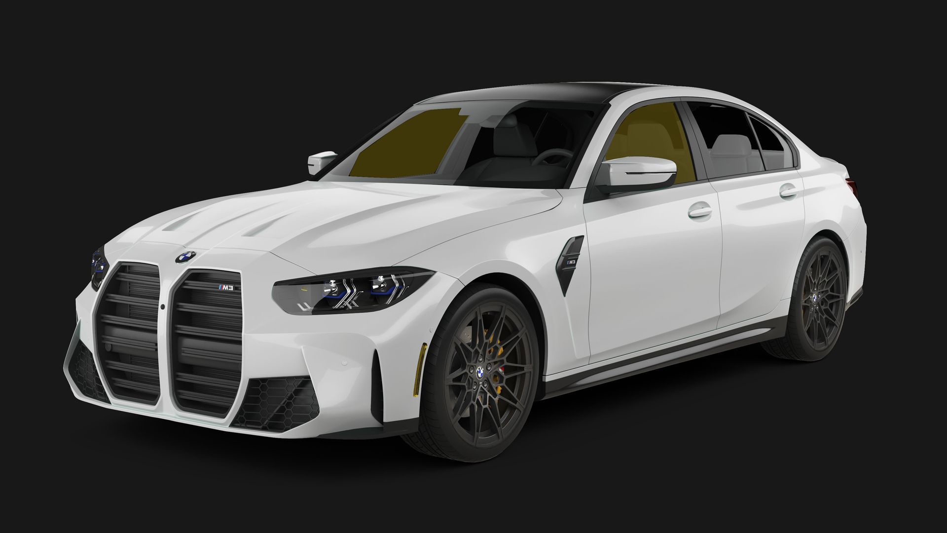 A white BMW M3 sedan with a black roof and black wheels, shown from a front-quarter angle against a dark background.