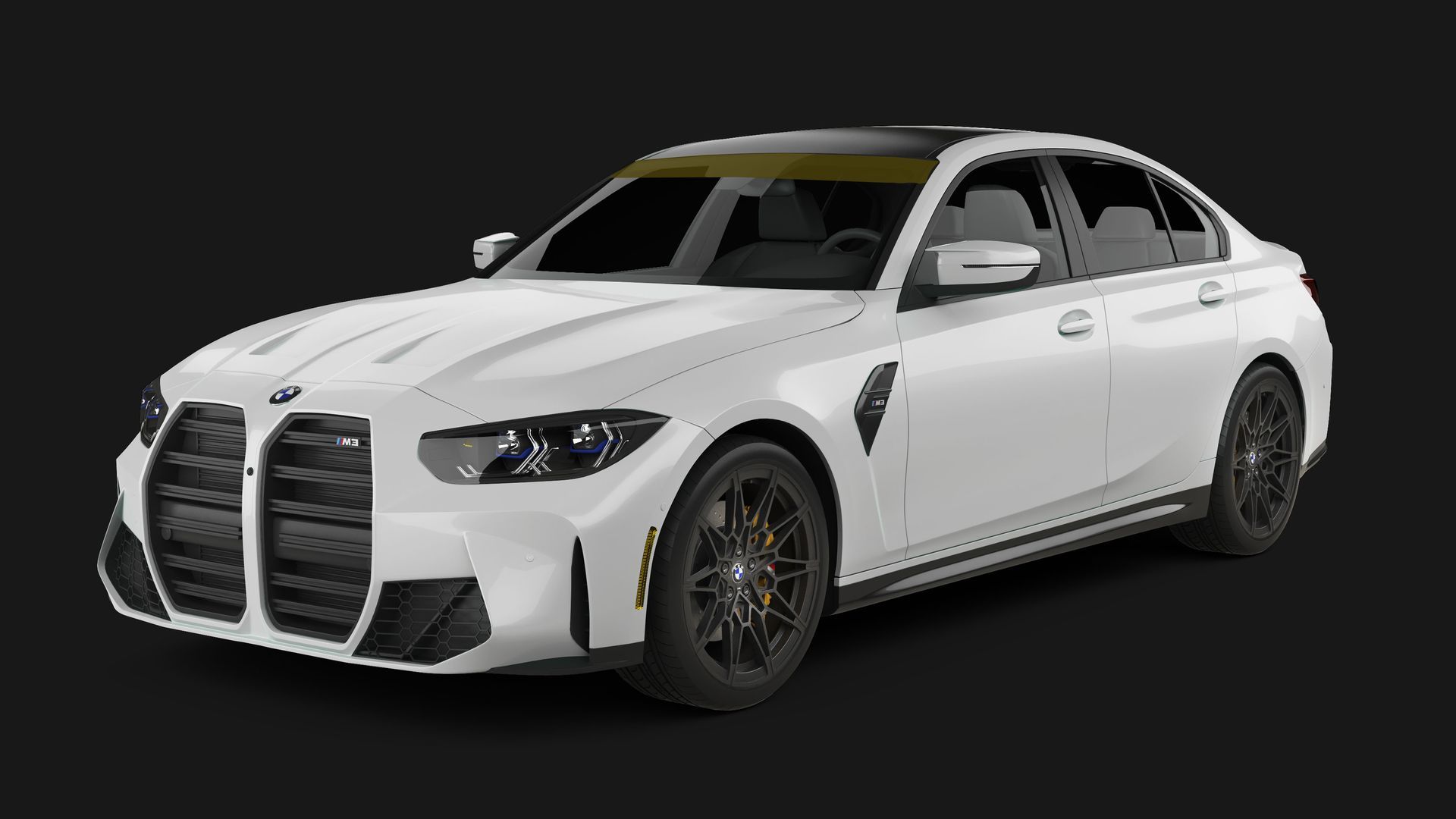 A white BMW M3 sedan with black wheels and a black roof against a plain black background.