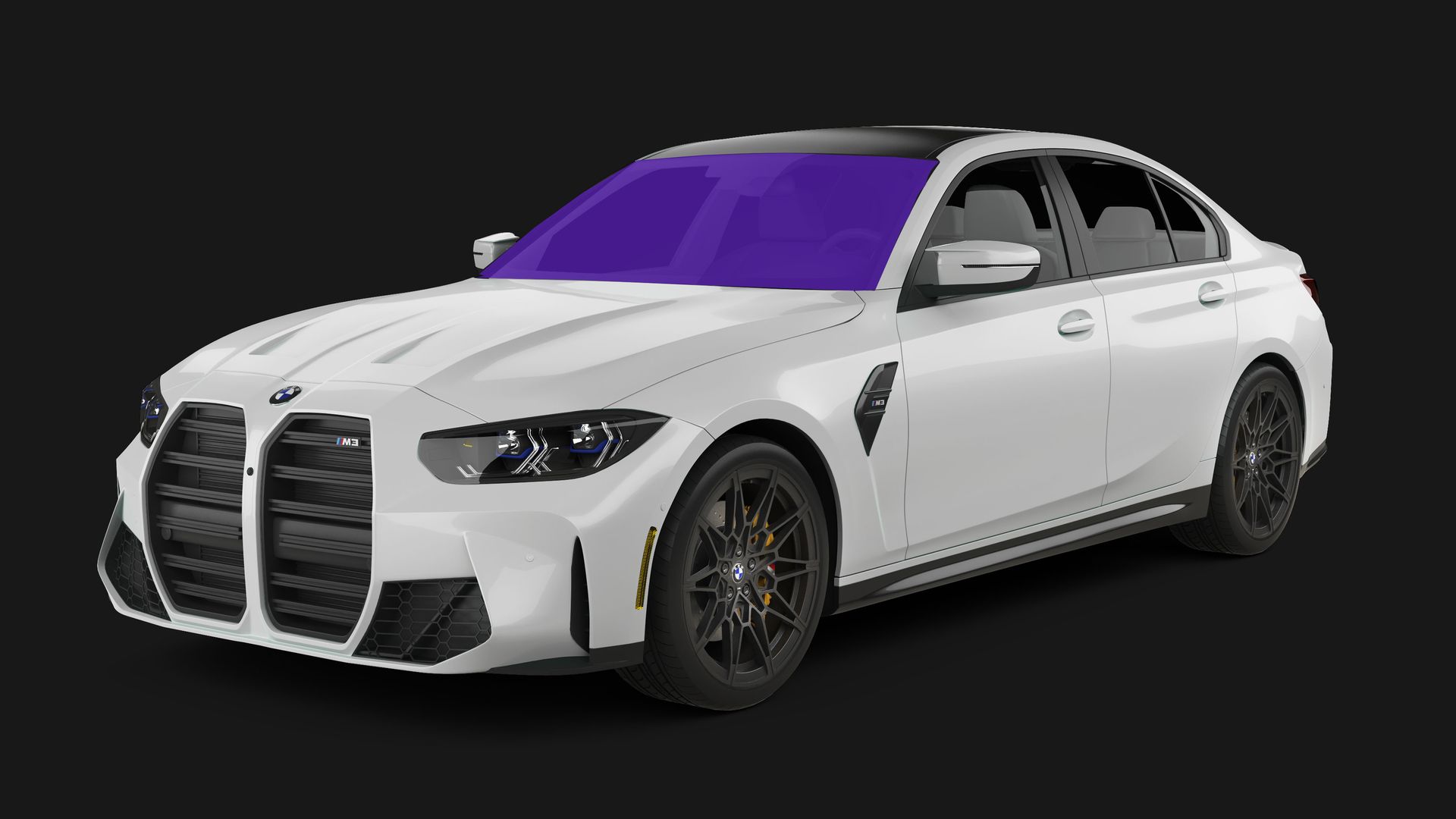 A white BMW M3 sedan with black wheels and trim, shown against a plain dark background.