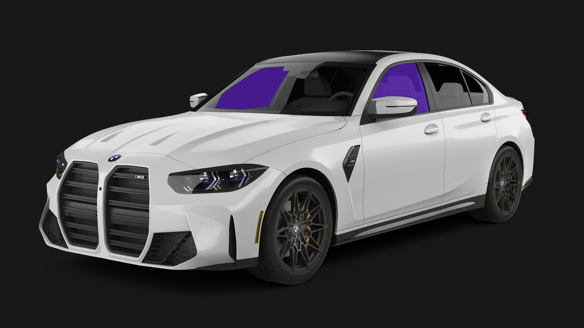 A white BMW M3 sedan with black accents and wheels, shown on a dark background.