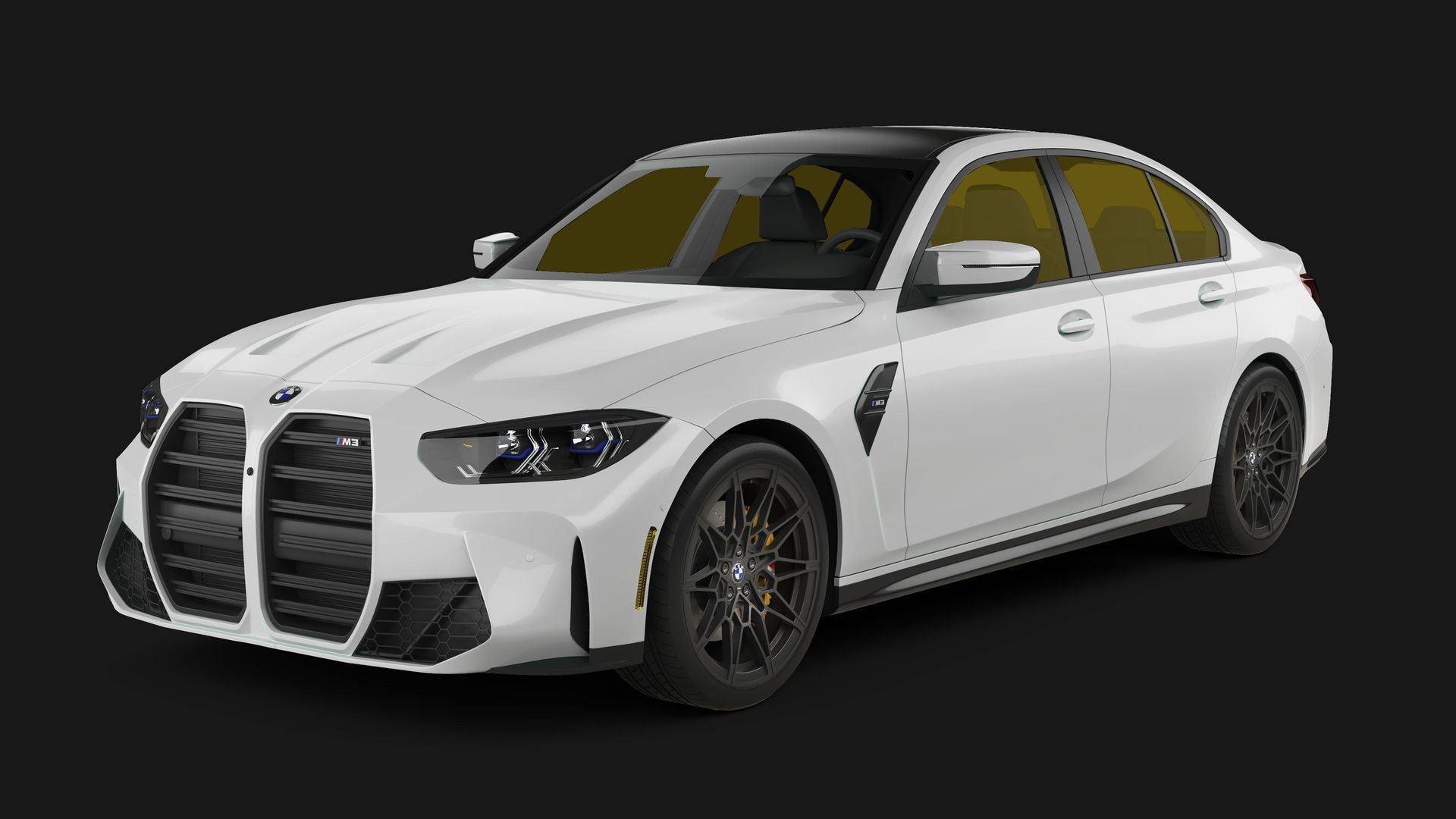 A white BMW M3 sedan with tinted yellow windows and black wheels isolated against a black background.