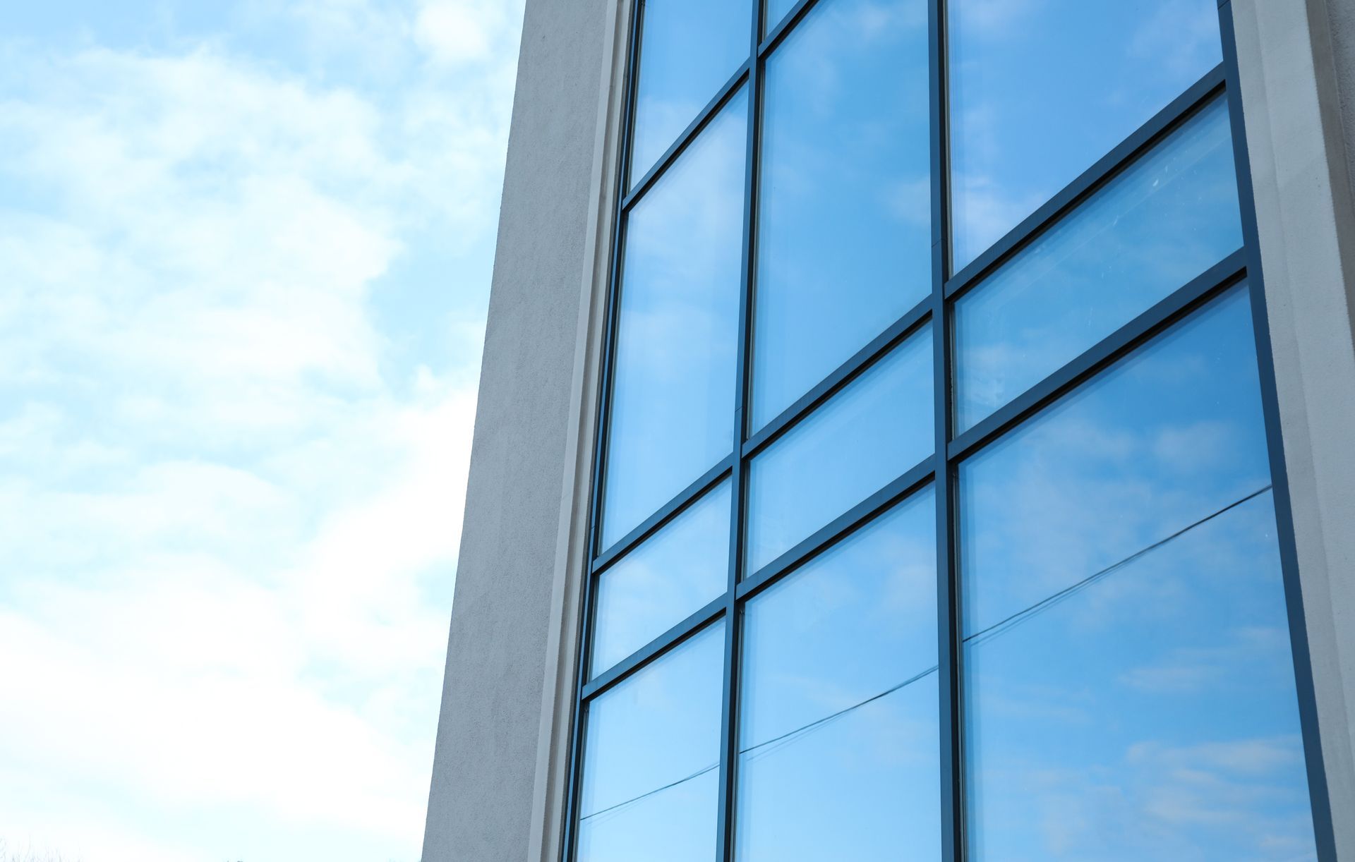 Low-angle view of a modern building facade with blue-tinted glass windows framed by dark metal against a cloudy sky.
