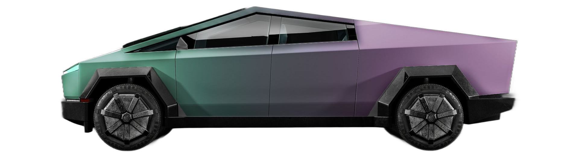 Side view of a futuristic purple and green electric pickup truck on a white background