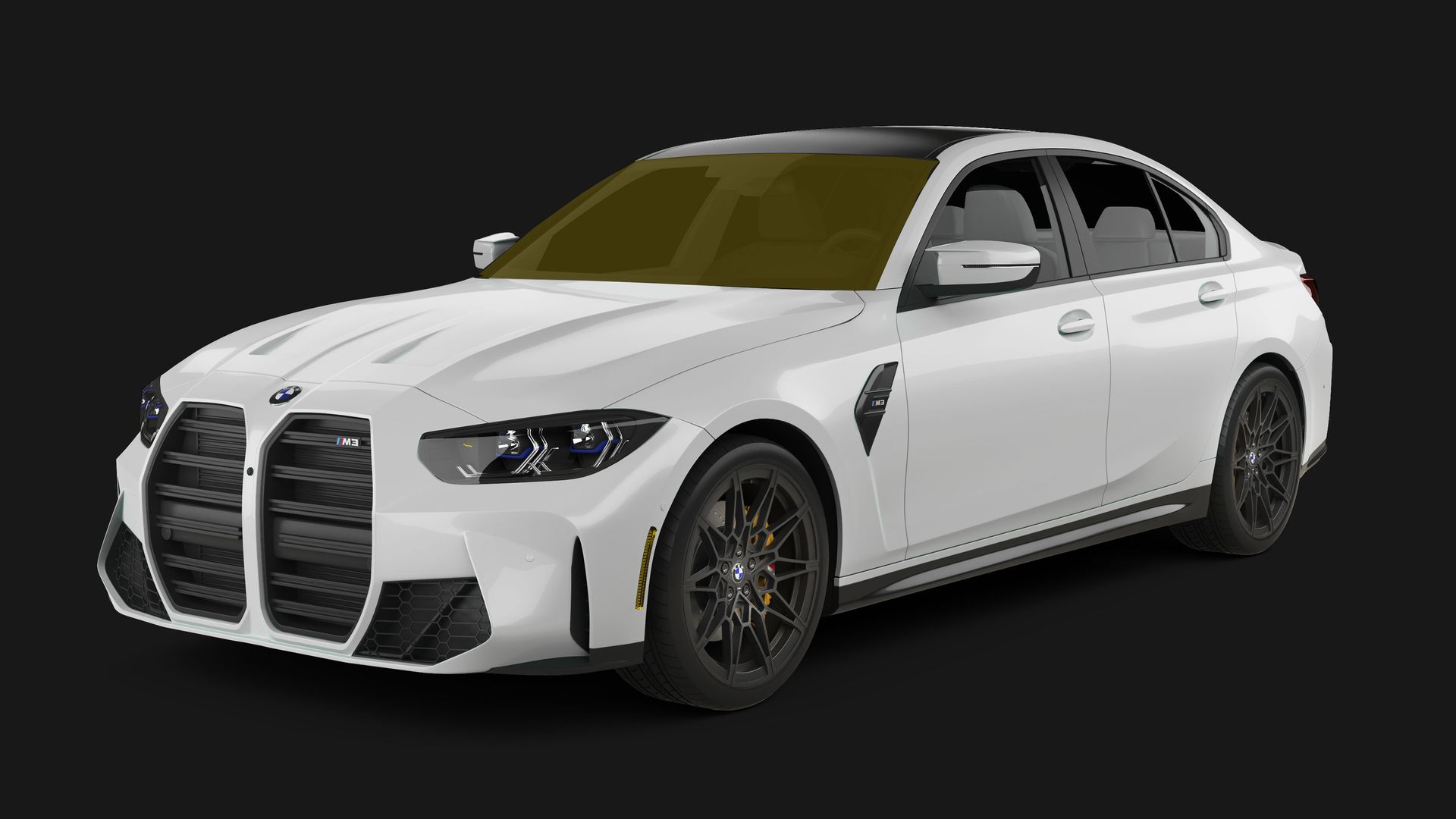 A white BMW M3 sedan with black wheels and a tinted windshield, displayed against a dark background.