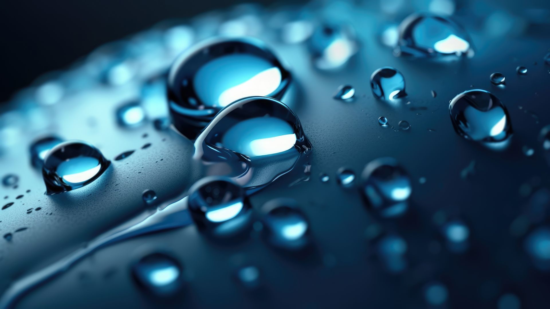 Close-up of clear water droplets on a smooth, dark blue, reflective surface.