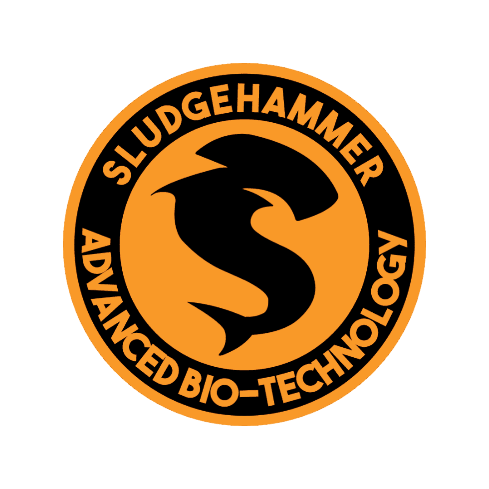 Circular logo featuring a black hammerhead shark silhouette on an orange background with the text SLUDGEHAMMER ADVANCED BIO-TECHNOLOGY.