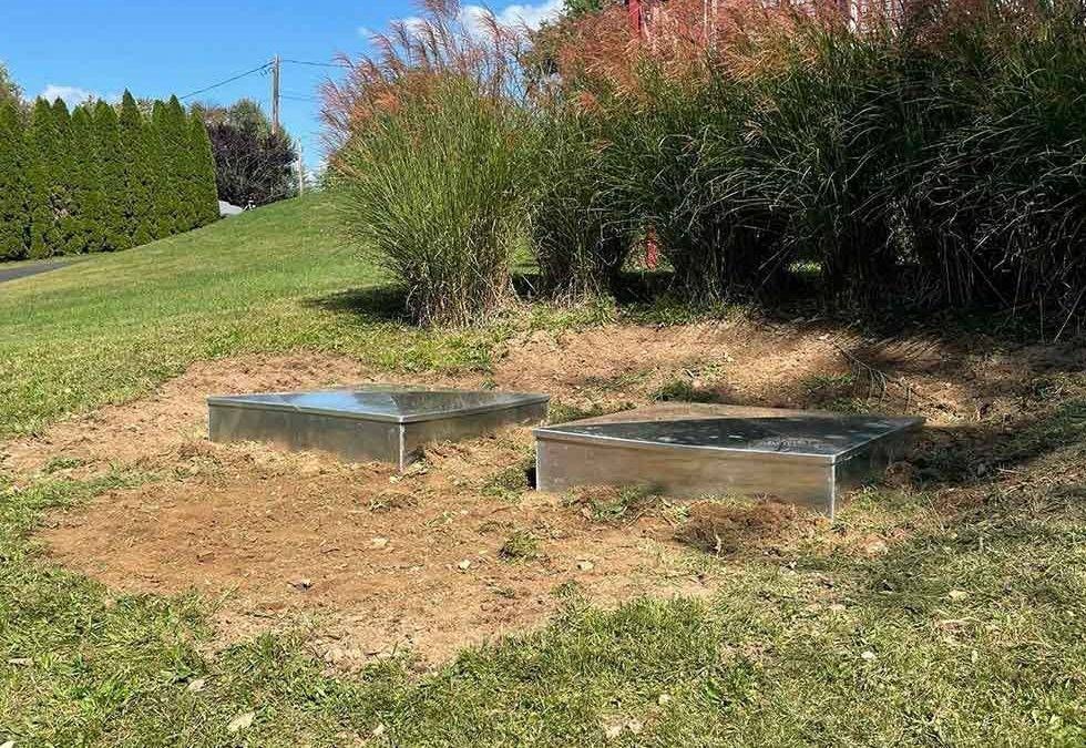 Two small concrete slabs on dry grass beside shrubs on a sunny hillside