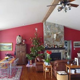 A rustic living room with bright red walls, a stone fireplace, a Christmas tree, leather furniture, and a dining area.