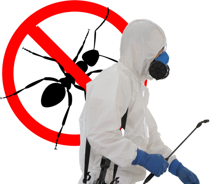 A man in a protective suit spraying ants in front of a no ants sign