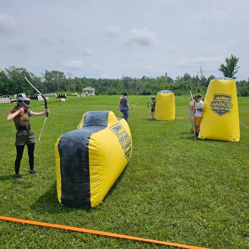 A group of people are playing a game of archery in a field.