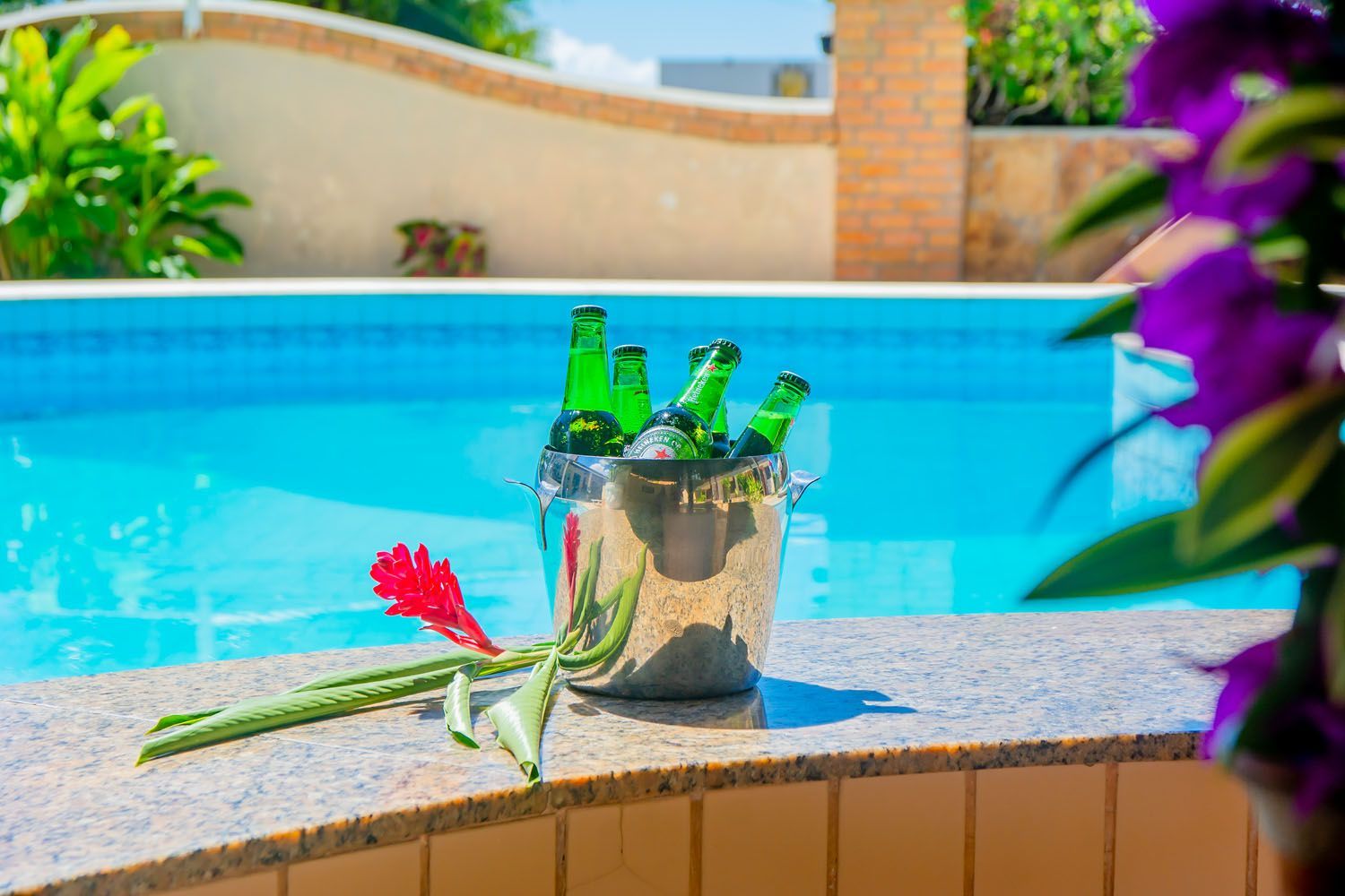 Um balde de cerveja está na beira de uma piscina.