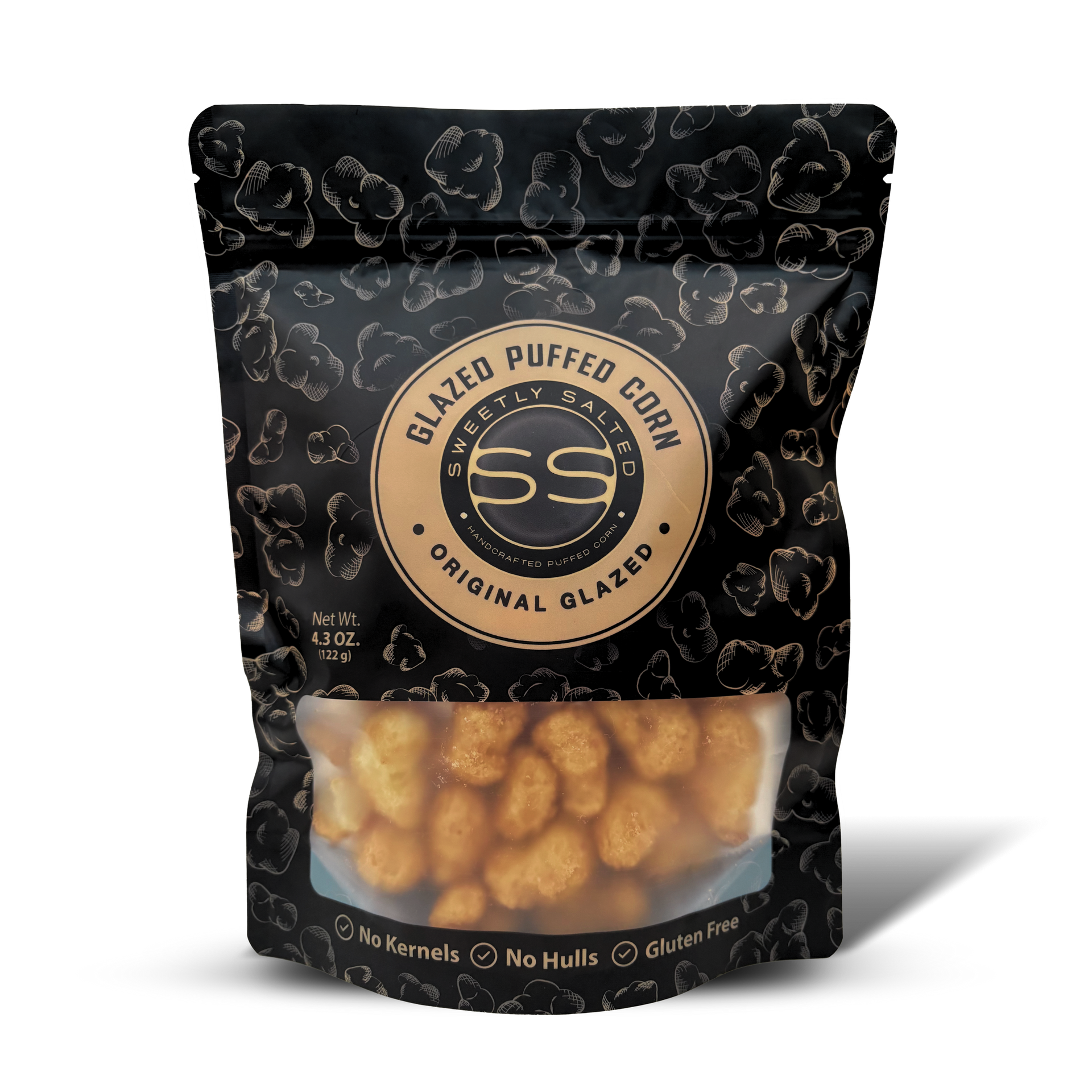 A bag of glazed puffed corn is sitting on a table.