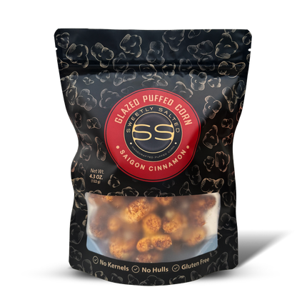 A bag of glazed puffed corn with saigon cinnamon