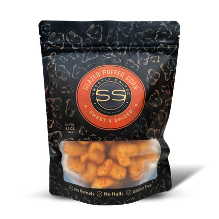 A bag of glazed puffed corn on a white background