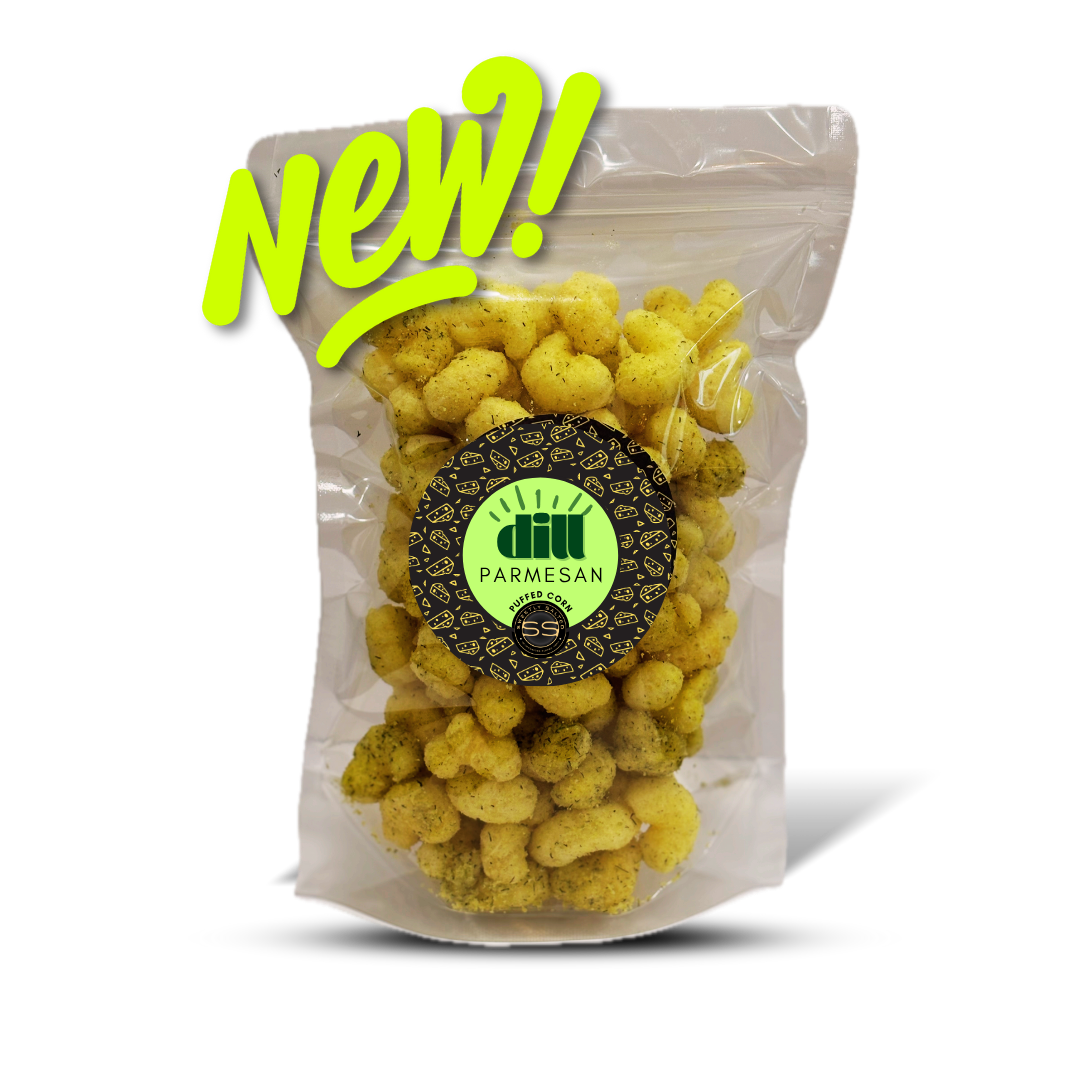 A bag of glazed puffed corn with saigon cinnamon