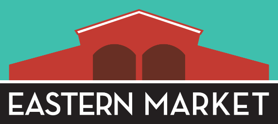 A logo for eastern market with a red building