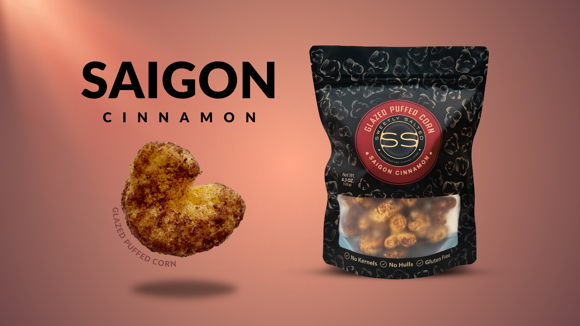 A bag of saigon cinnamon cashews next to a bag of cashews.