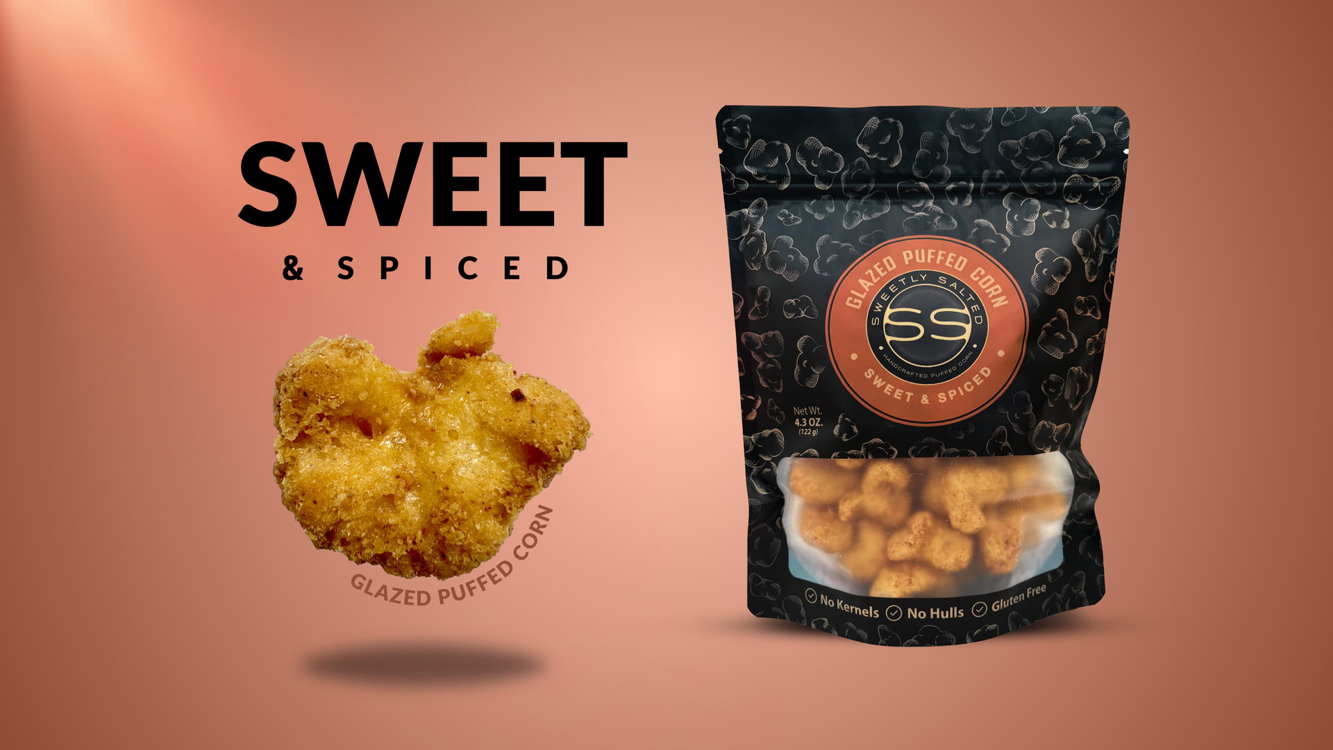 A bag of sweet and spiced popcorn next to a piece of popcorn.