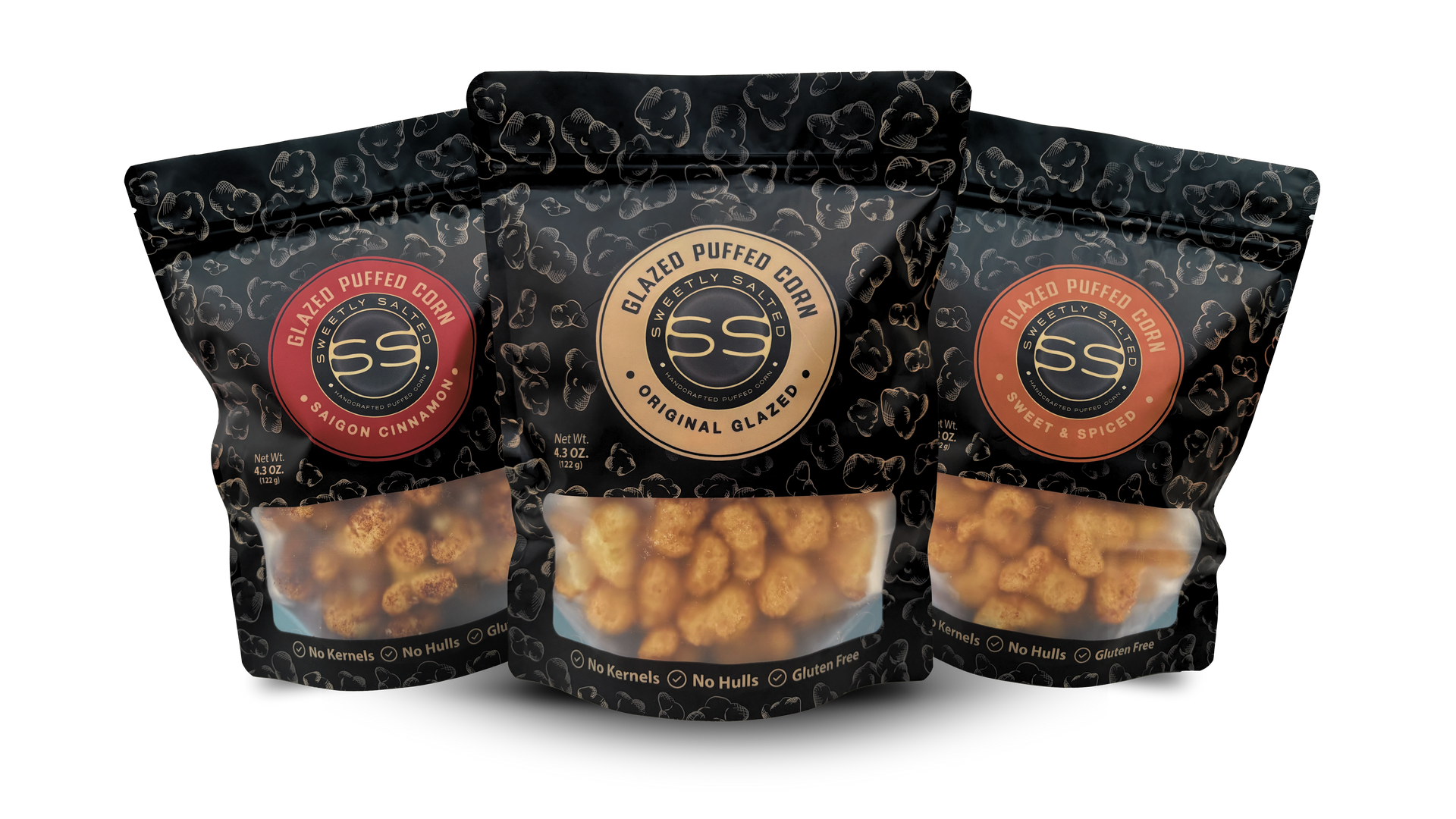 Three bags of macaroni and cheese are sitting next to each other on a white background.
