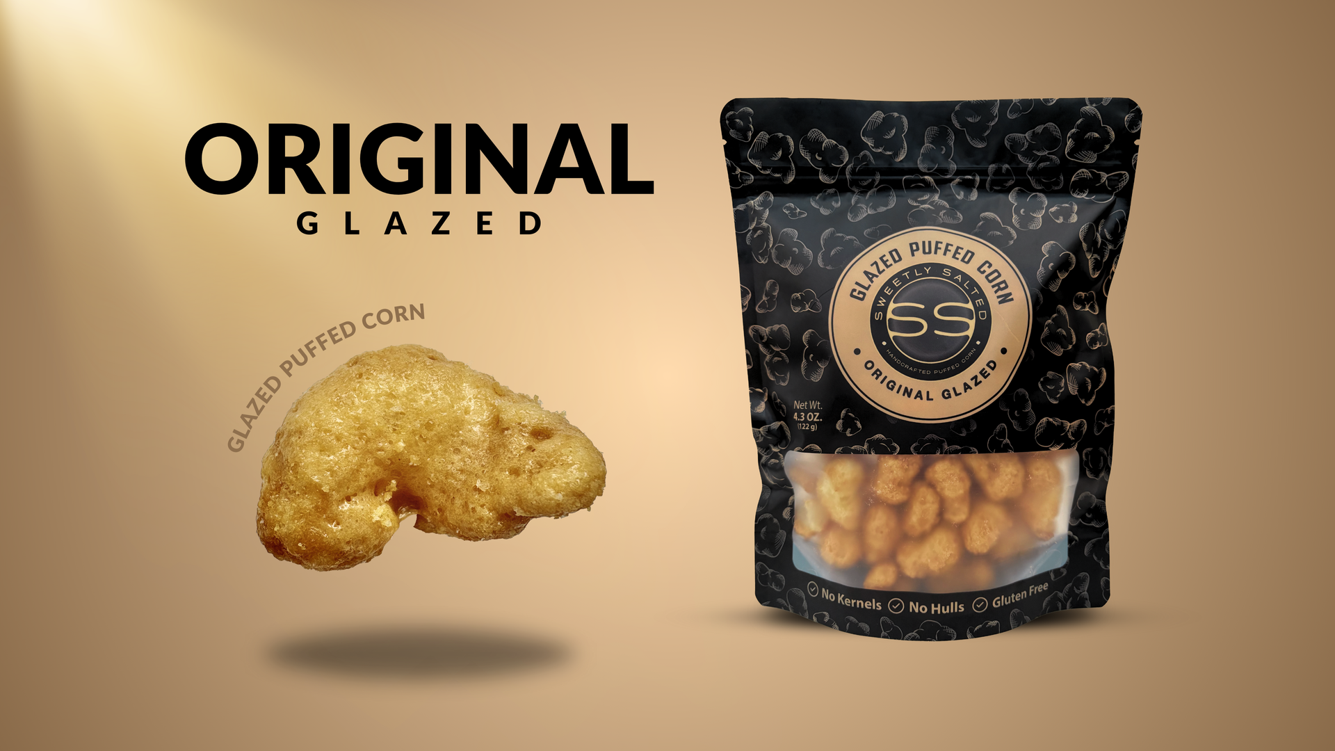 A bag of original glazed corn is next to a piece of corn.