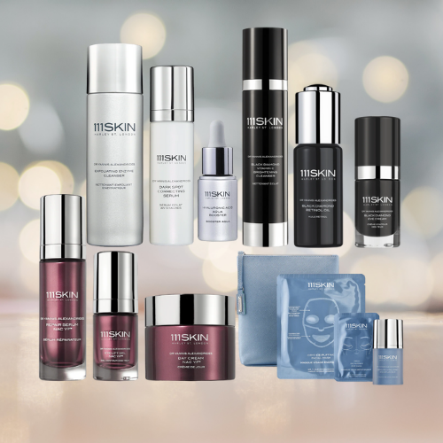 Cosmetic skincare products, various bottles and jars, against a blurred background.