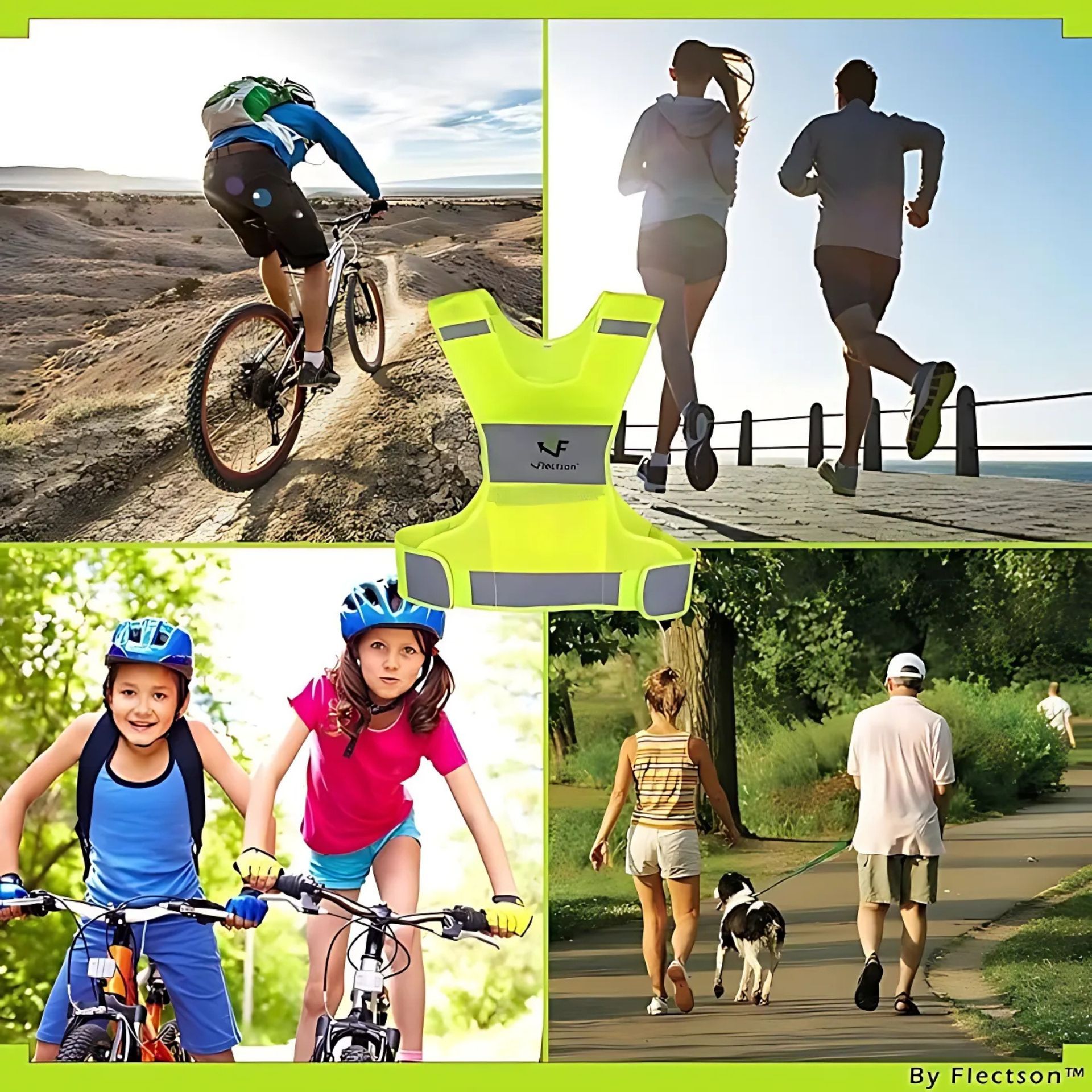 Yellow reflective vest with images of people biking, running, and walking, emphasizing visibility during outdoor activities.