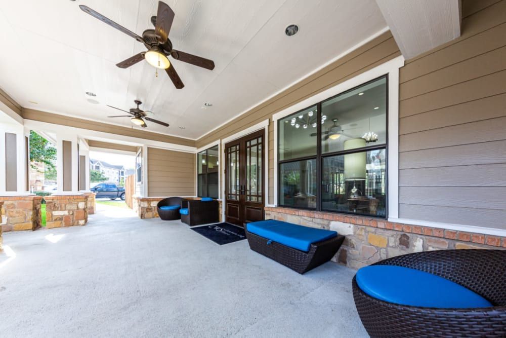 a ceiling fan on the porch of the clubhouse at Marquis at Katy in Katy, TX.