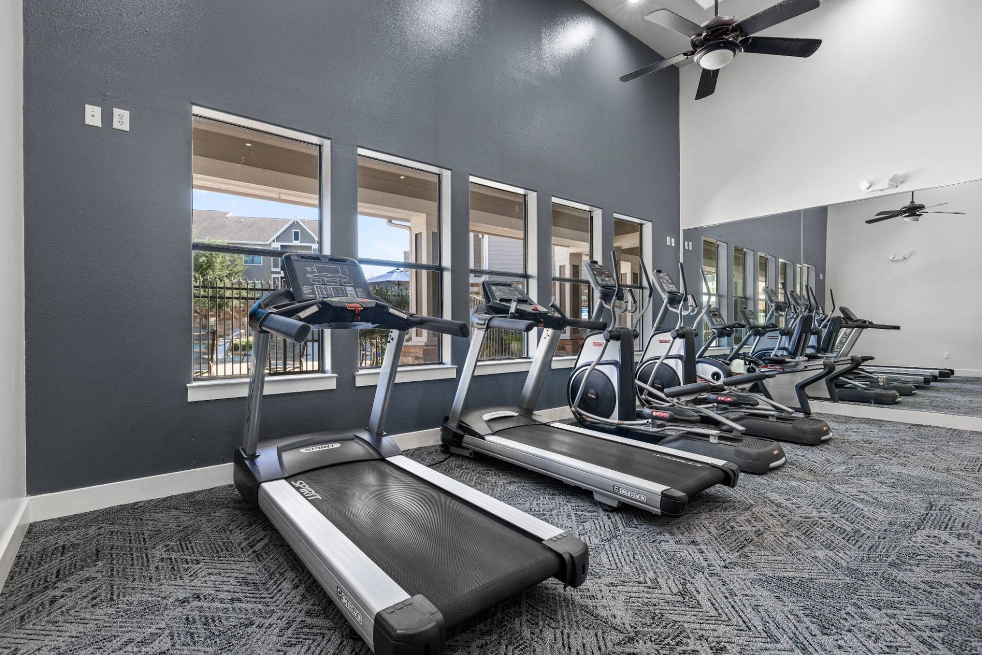 Fitness center with treadmills and ellipticals by windows in a modern gym.