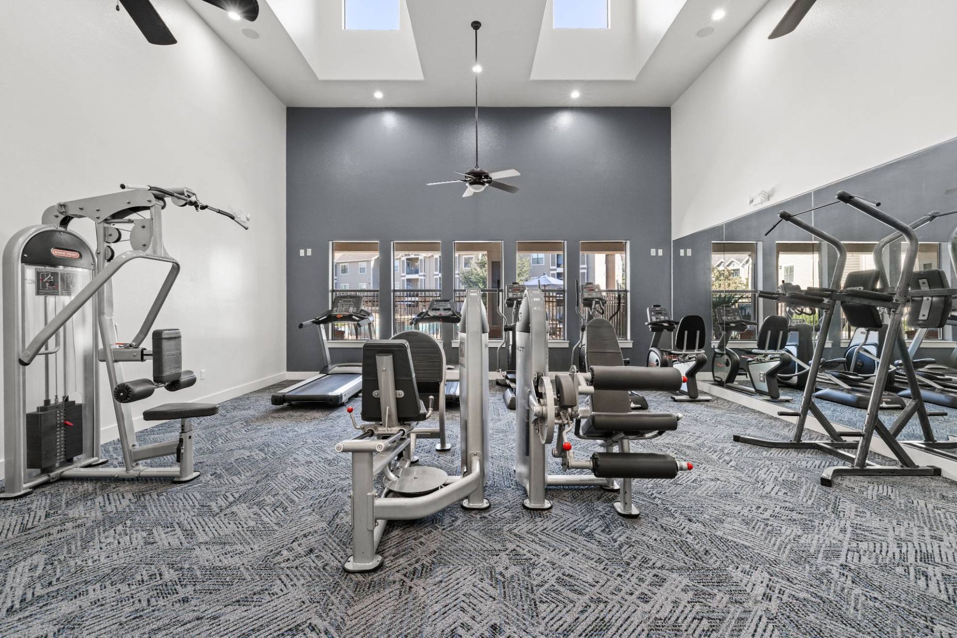 Well-equipped apartment gym with cardio and strength machines, mirrors, and large windows.