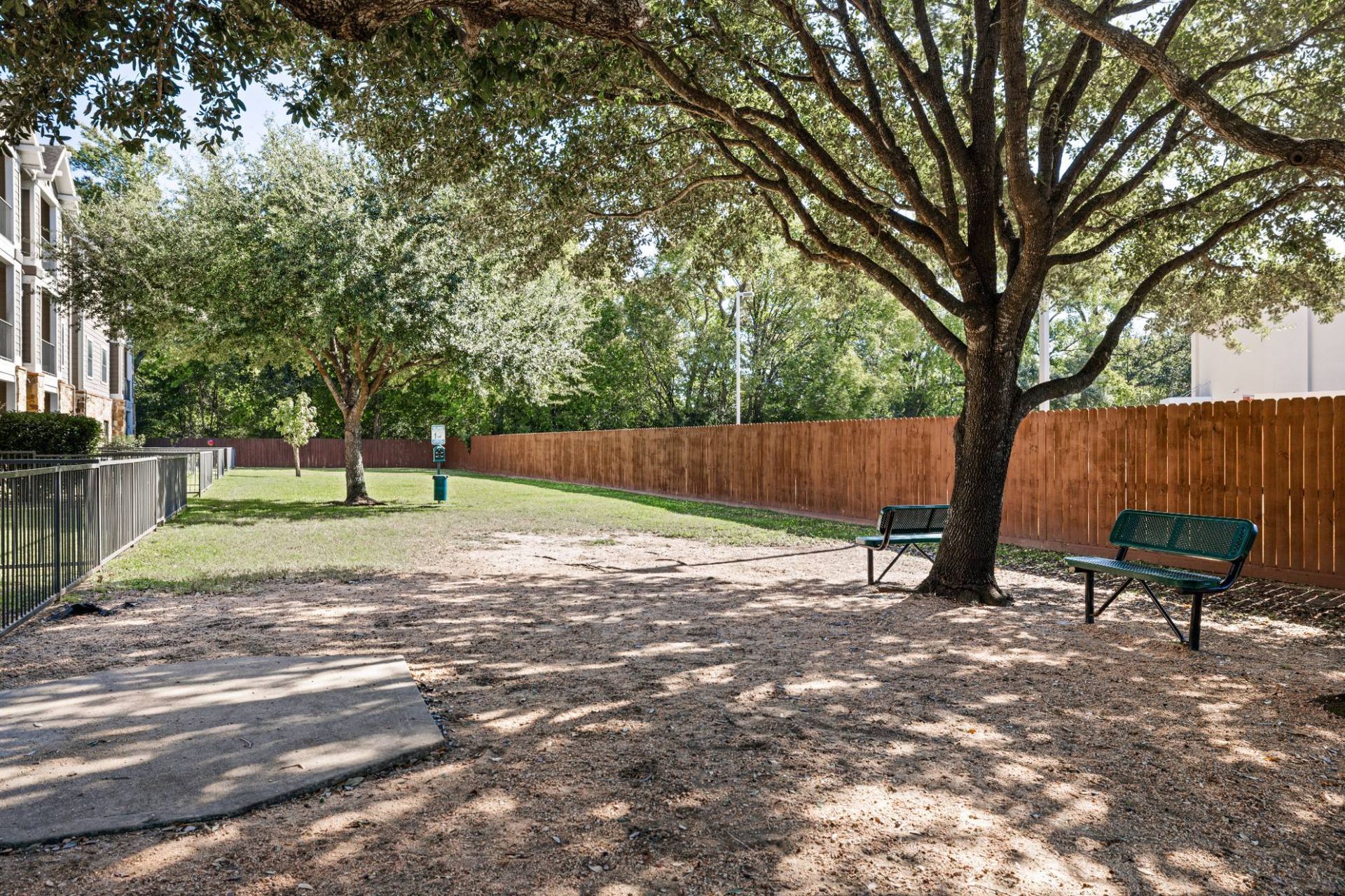 Shaded apartment community courtyard with a large tree, benches, and a wooden fence.