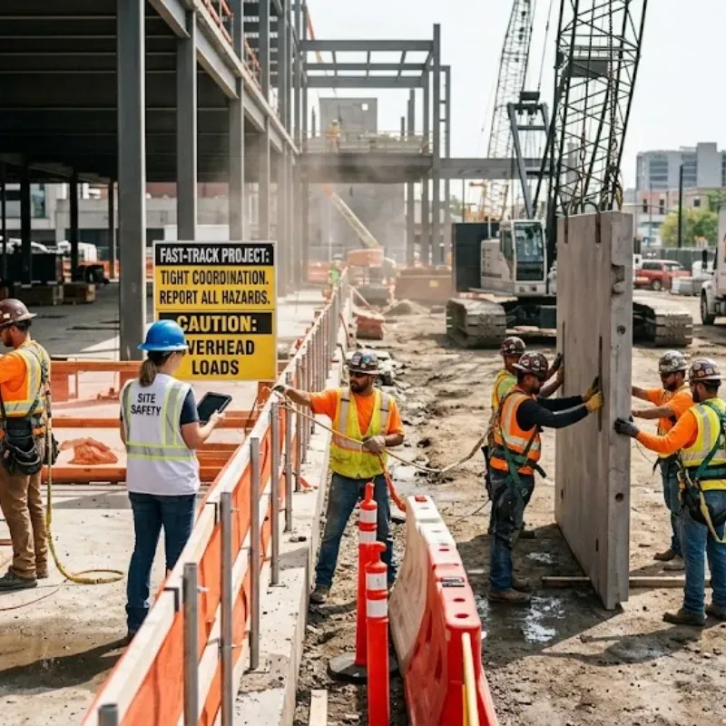 Commercial concrete contractors maintaining OSHA safety standards on a fast-track construction site with workers, equipment, and coordinated scheduling
