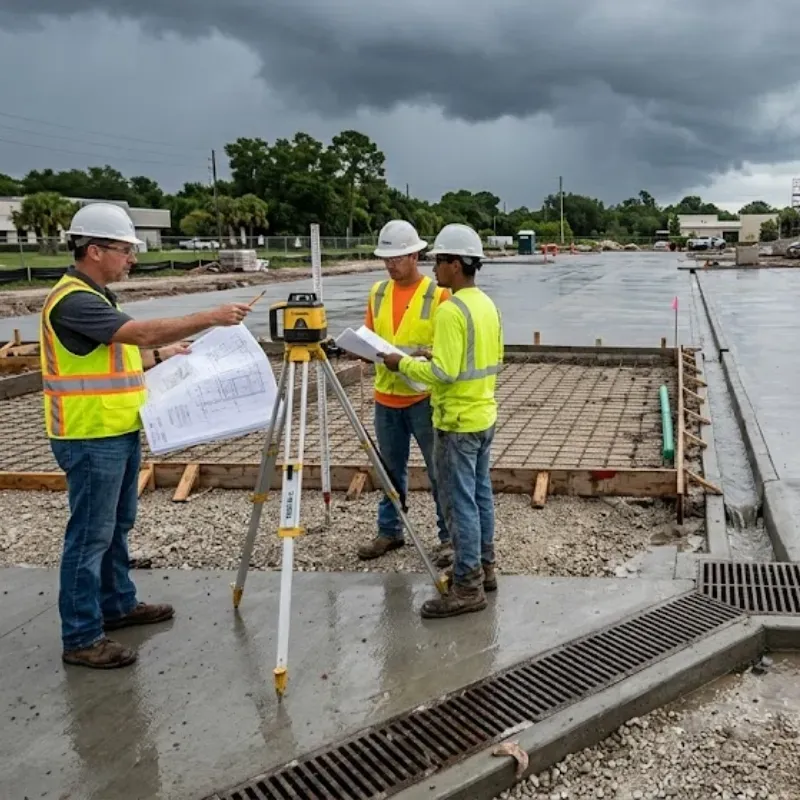 Commercial concrete drainage planning in Baton Rouge LA showing parking lot grading, channel drains, and stormwater design to prevent water pooling and costly retrofits in Louisiana climate